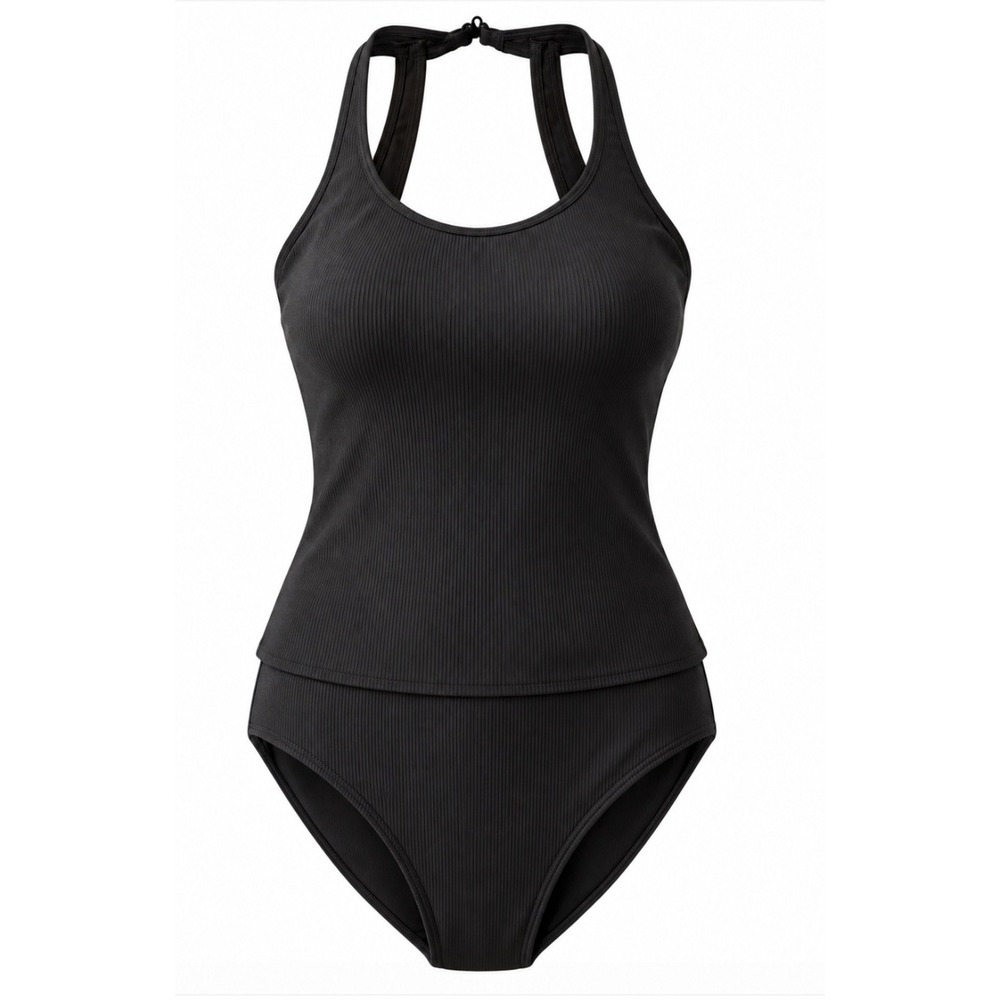 Lands' End Ribbed Tankini Swimsuit Women 10 Black Halter Two Piece Set